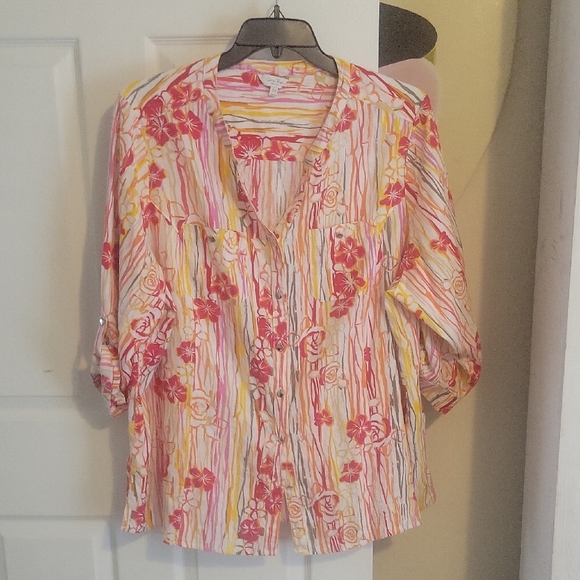 Coral Bay Tops - Coral Bay Sz2X Multicolor Linen Blend Floral Stripe button down 3/4 slv Blouse